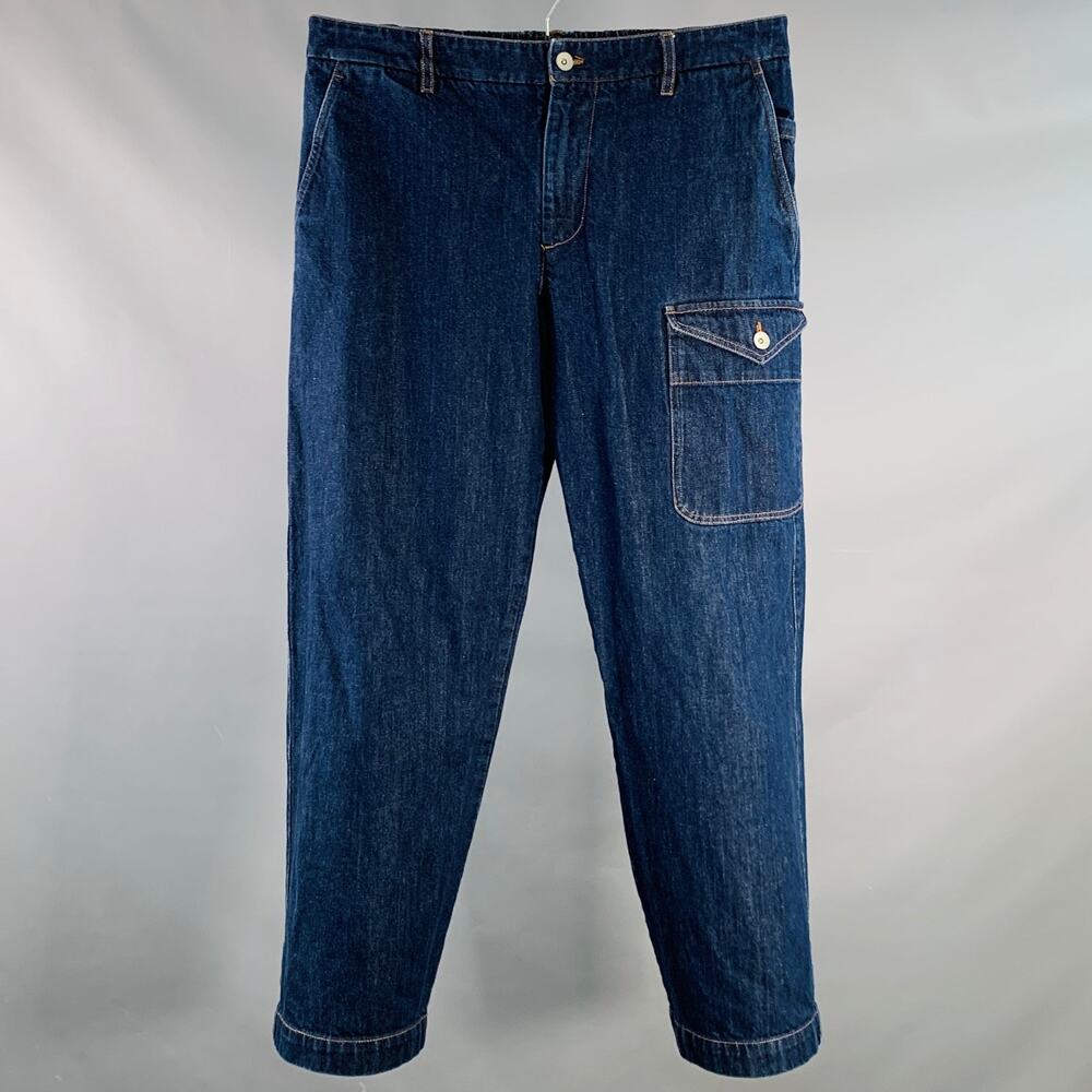 BARENA Size 34 Indigo Twill Cotton Tapered Cargo Jeans